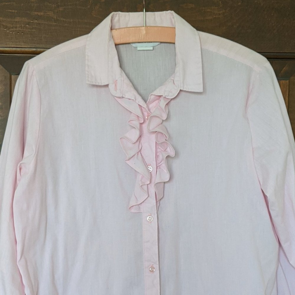 Vintage Pink Button Down Shirt with Ruffle